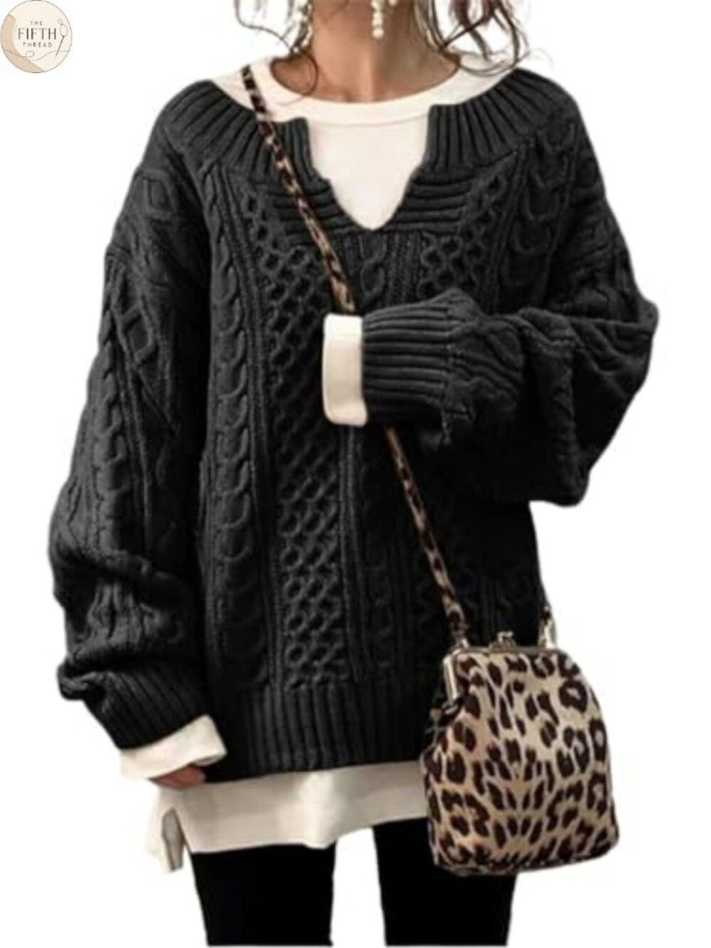 Women's Chunky Cable Knit V Neck Long Sleeve Loose Sweater Pullover